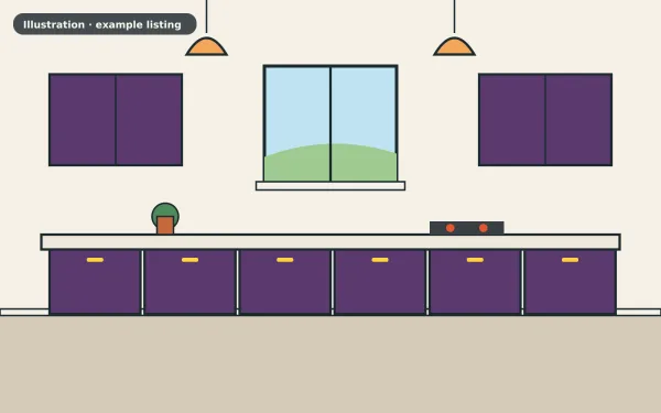 Illustration of the example 2 bed maisonette: kitchen (not a photograph)
