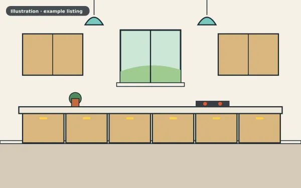 Illustration of the example 2 bed flat: kitchen (not a photograph)