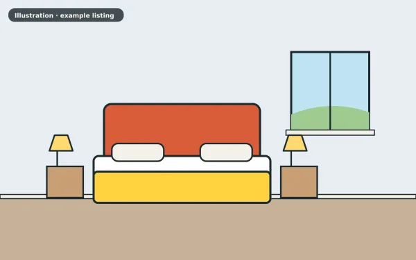 Illustration of the example 1 bed flat: bedroom (not a photograph)