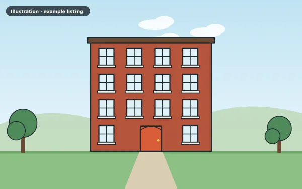 Illustration of the example 1 bed flat: front view (not a photograph)