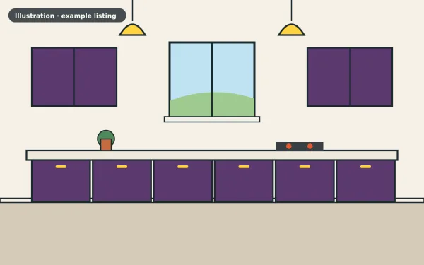 Illustration of the example 1 bed flat: kitchen (not a photograph)