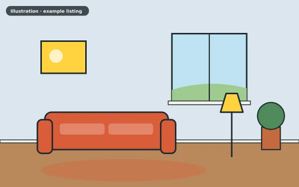 Illustration of the example 1 bed flat: living room (not a photograph)