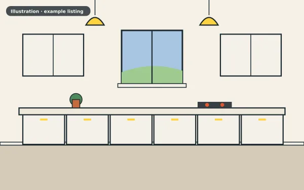 Illustration of the example 2 bed flat: kitchen (not a photograph)