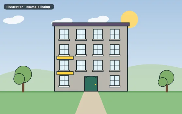 Illustration of the example 2 bed flat: front view (not a photograph)