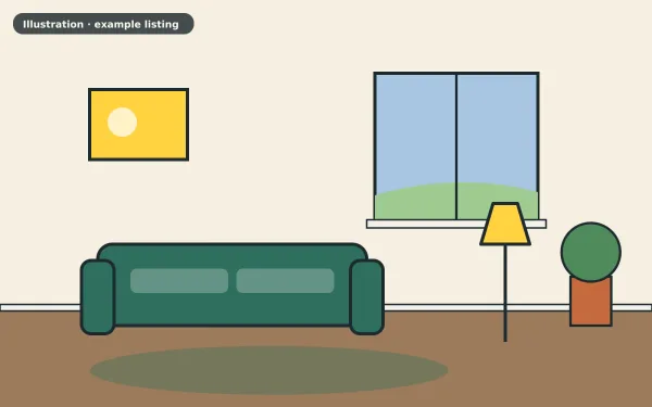 Illustration of the example 2 bed flat: living room (not a photograph)