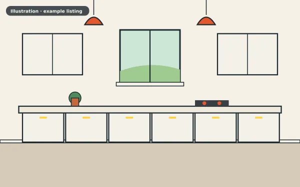 Illustration of the example 2 bed flat: kitchen (not a photograph)