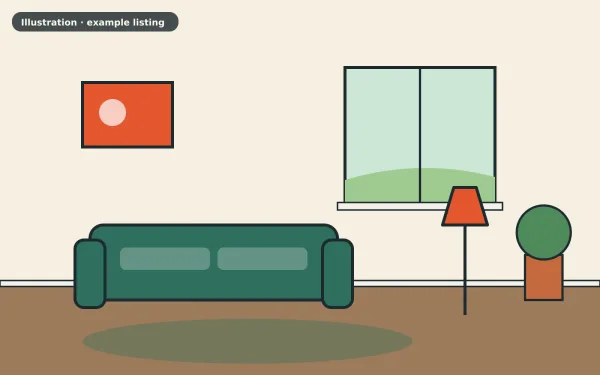 Illustration of the example 2 bed flat: living room (not a photograph)