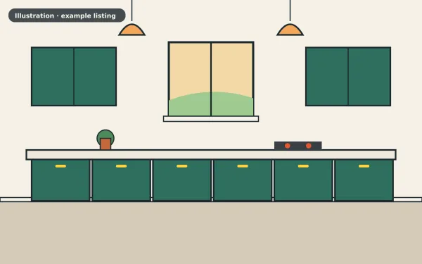Illustration of the example 3 bed semi-detached house: kitchen (not a photograph)
