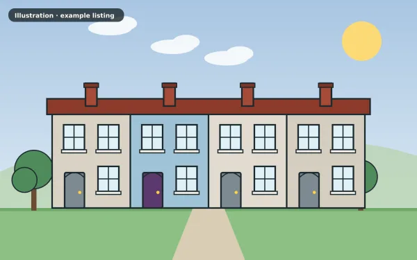 Illustration of the example 2 bed terraced house: front view (not a photograph)