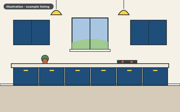 Illustration of the example 2 bed terraced house: kitchen (not a photograph)