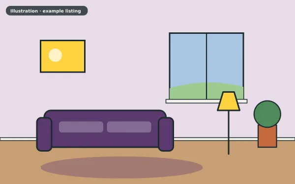 Illustration of the example 2 bed bungalow: living room (not a photograph)