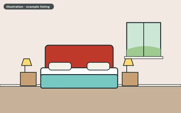 Illustration of the example 1 bed flat: bedroom (not a photograph)
