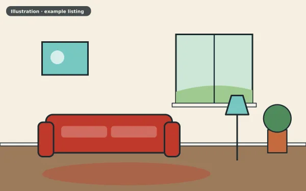 Illustration of the example 1 bed flat: living room (not a photograph)