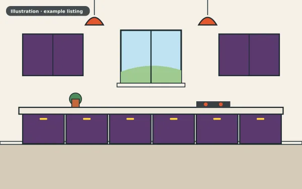 Illustration of the example 3 bed cottage: kitchen (not a photograph)