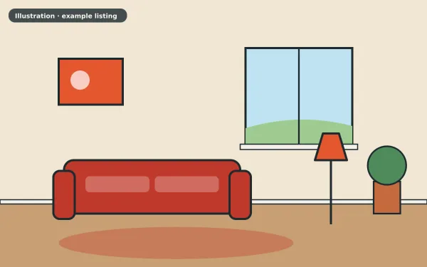 Illustration of the example 3 bed cottage: living room (not a photograph)
