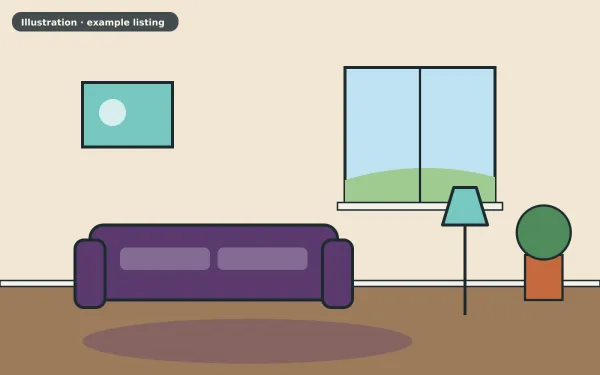 Illustration of the example 2 bed flat: living room (not a photograph)