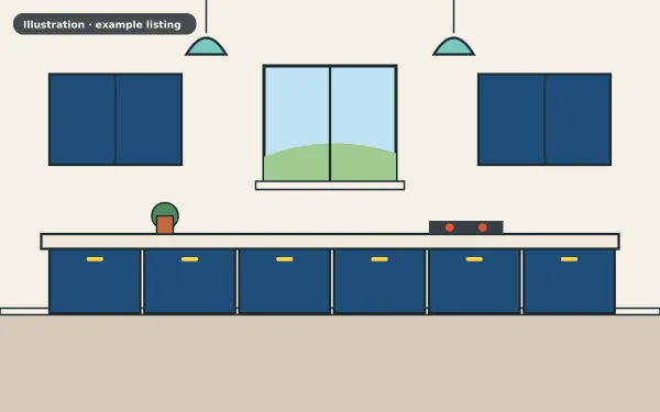 Illustration of the example 2 bed flat: kitchen (not a photograph)