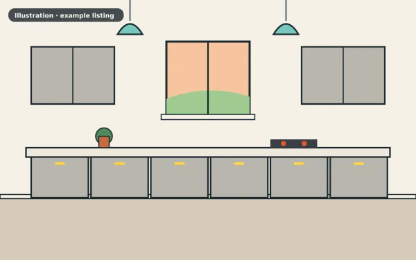 Illustration of the example 3 bed semi-detached house: kitchen (not a photograph)