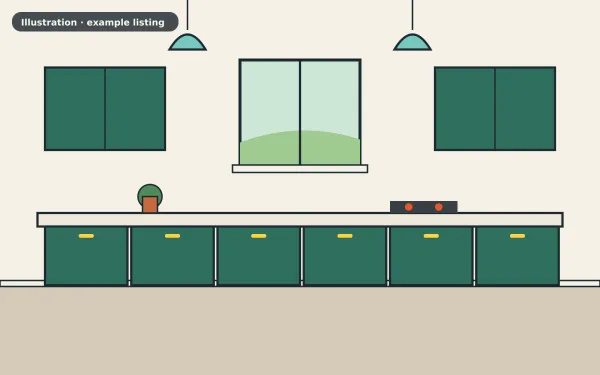 Illustration of the example 2 bed maisonette: kitchen (not a photograph)