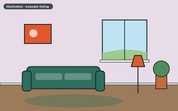 Illustration of the example 2 bed terraced house: living room (not a photograph)