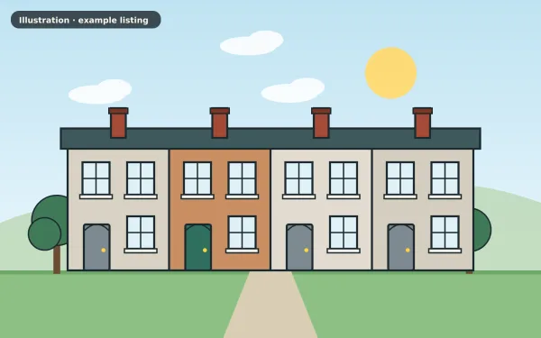 Illustration of the example 2 bed terraced house: front view (not a photograph)