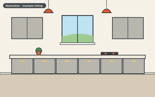 Illustration of the example 2 bed terraced house: kitchen (not a photograph)
