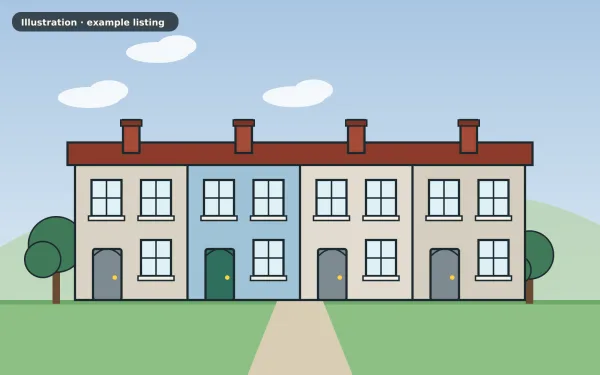 Illustration of the example 3 bed terraced house: front view (not a photograph)