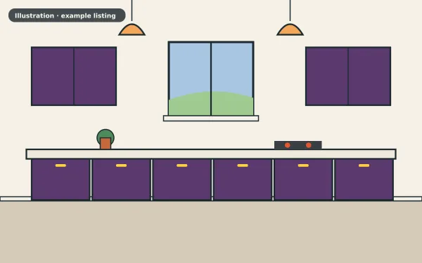 Illustration of the example 3 bed terraced house: kitchen (not a photograph)