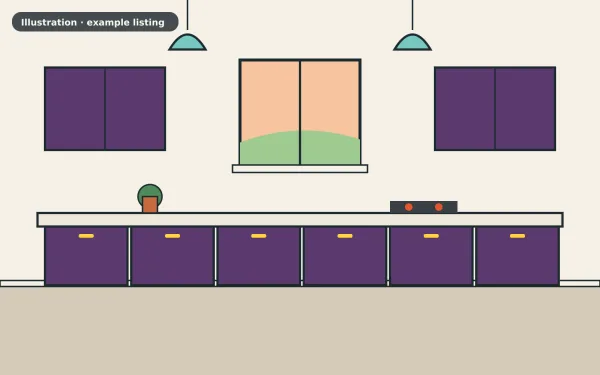 Illustration of the example 2 bed end of terrace house: kitchen (not a photograph)