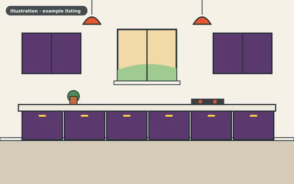 Illustration of the example 1 bed flat: kitchen (not a photograph)