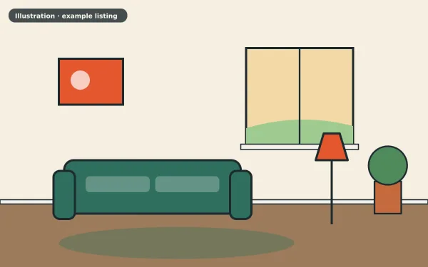 Illustration of the example 1 bed flat: living room (not a photograph)