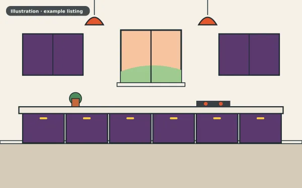 Illustration of the example 2 bed flat: kitchen (not a photograph)