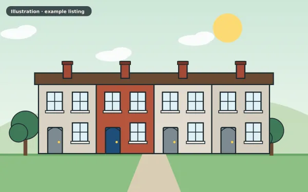 Illustration of the example 4 bed terraced house: front view (not a photograph)